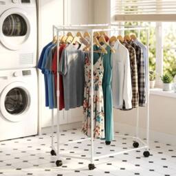 VOGREX Double layer Hexagonal Rotating Clothes Rack with Wheels white