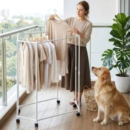 VOGREX Double layer Hexagonal Rotating Clothes Rack with Wheels white - thumbnail 4
