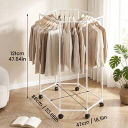 VOGREX Double layer Hexagonal Rotating Clothes Rack with Wheels white - thumbnail 2