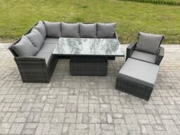Fimous Wicker PE Outdoor Rattan Garden Furniture Set Height Adjustable Rising Lifting Table Sofa Dining Set with Big Footstool Armchair in Dark Grey - thumbnail 2