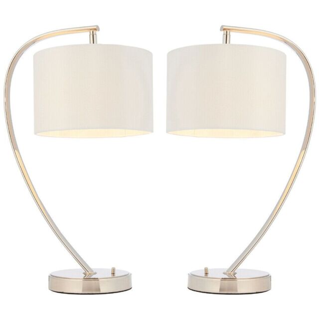 Loops 2 PACK Modern Curved Arm Table Lamp Nickel & White Shade Bedside Feature Light in Metallics - image 1