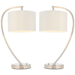 Loops 2 PACK Modern Curved Arm Table Lamp Nickel & White Shade Bedside Feature Light in Metallics