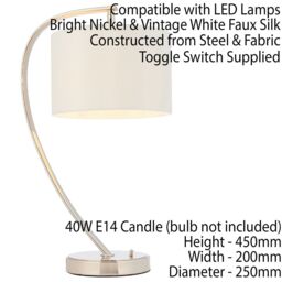 Loops 2 PACK Modern Curved Arm Table Lamp Nickel & White Shade Bedside Feature Light in Metallics - thumbnail 3