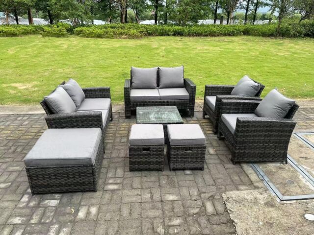 Fimous 9 Seater Dark Grey Mixed High Back Rattan Sofa Set Coffee Table Garden Furniture Outdoor 3 Stools