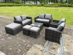 Fimous 9 Seater Dark Grey Mixed High Back Rattan Sofa Set Coffee Table Garden Furniture Outdoor 3 Stools - thumbnail 3