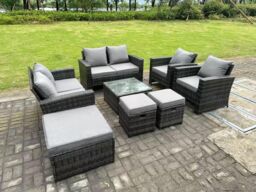 Fimous 9 Seater Dark Grey Mixed High Back Rattan Sofa Set Coffee Table Garden Furniture Outdoor 3 Stools - thumbnail 2