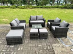Fimous 9 Seater Dark Grey Mixed High Back Rattan Sofa Set Coffee Table Garden Furniture Outdoor 3 Stools - thumbnail 1