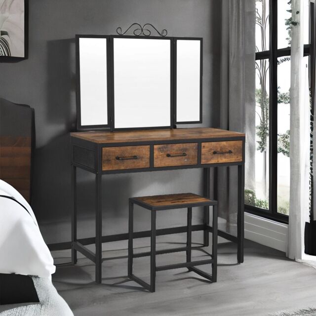 Rafaelo Mobilia Industrial Rustic Brown Dressing Table With Mirror & Stool - image 1