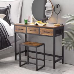 Rafaelo Mobilia Industrial Rustic Brown Dressing Table With Mirror & Stool - thumbnail 3