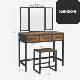 Rafaelo Mobilia Industrial Rustic Brown Dressing Table With Mirror & Stool - thumbnail 6