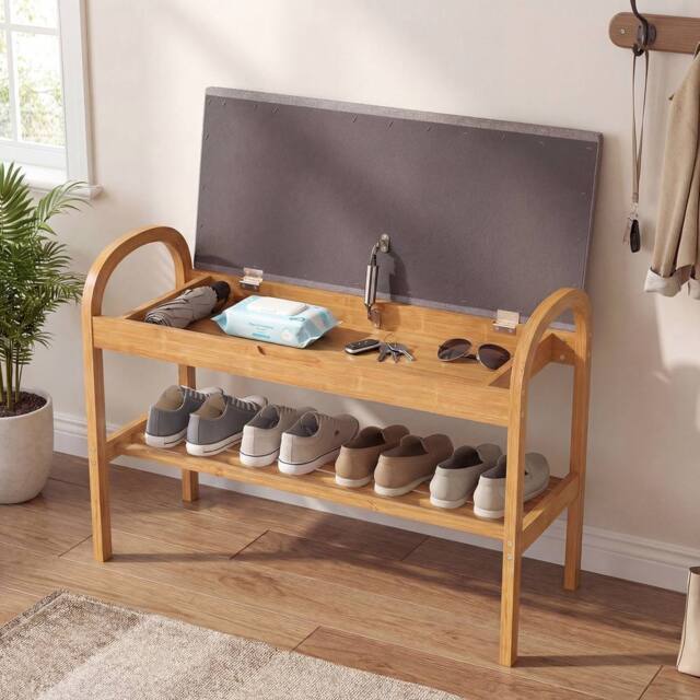 Gymax 2-Tier Padded Shoe Bench 70 CM Shoe Rack Organizer With Lid in Grey - image 1