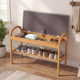 Gymax 2-Tier Padded Shoe Bench 70 CM Shoe Rack Organizer With Lid in Grey - thumbnail 1
