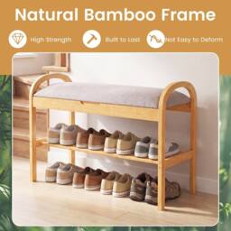 Gymax 2-Tier Padded Shoe Bench 70 CM Shoe Rack Organizer With Lid in Grey - thumbnail 4