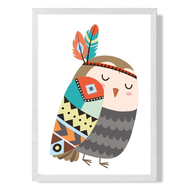 ARTZE Owl Tribal Animal Framed Print SIZE: A4 with White Frame in Grey - image 1