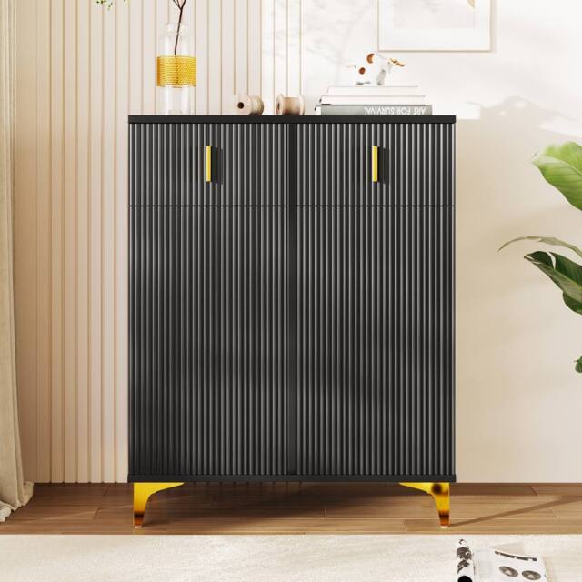 BTM Elegant Sideboard Shoe Cabinet, Adjustable Shelves, Gold Accents in Black - image 1