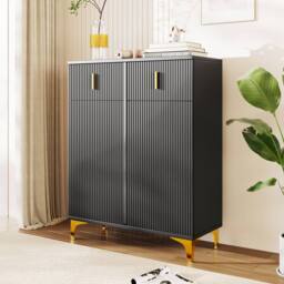 BTM Elegant Sideboard Shoe Cabinet, Adjustable Shelves, Gold Accents in Black - thumbnail 2