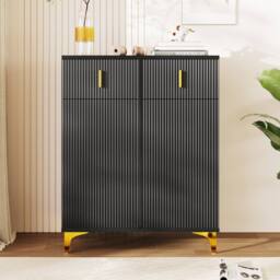 BTM Elegant Sideboard Shoe Cabinet, Adjustable Shelves, Gold Accents in Black - thumbnail 1