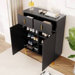 BTM Elegant Sideboard Shoe Cabinet, Adjustable Shelves, Gold Accents in Black - thumbnail 3