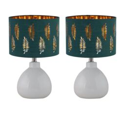 First Choice Lighting Set of 2 Tuscan - White Ceramic Lamps with Dark Green Fern Shade - thumbnail 1