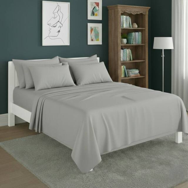 Snug City Plain Poly Cotton Easy Care Fitted Flat Sheet Matching Pillowcases Set in Silver - Size: Single - image 1