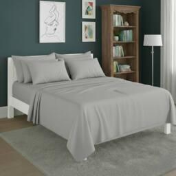 Snug City Plain Poly Cotton Easy Care Fitted Flat Sheet Matching Pillowcases Set in Silver - Size: Single