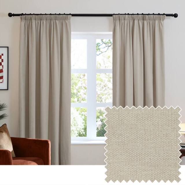 Furn Soft Chenille Blackout Pencil Pleat Curtain Pair in Natural - Size: 117 cm width x 183 cm drop - image 1