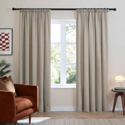 Furn Soft Chenille Blackout Pencil Pleat Curtain Pair in Natural - Size: 117 cm width x 183 cm drop - thumbnail 2