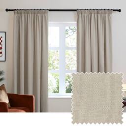 Furn Soft Chenille Blackout Pencil Pleat Curtain Pair in Natural - Size: 117 cm width x 183 cm drop