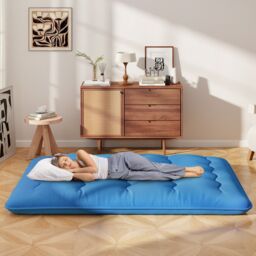Costway 190 x 135 x 10 cm Foldable Tatami Mat Floor Futon Mattress Roll up Sleeping Pad with Washable Cover in Navy - thumbnail 3