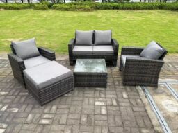 Fimous 5 Seater Dark Grey Mixed High Back Rattan Sofa Set Square Coffee Table Garden Furniture Outdoor Patio - thumbnail 1