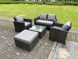 Fimous 5 Seater Dark Grey Mixed High Back Rattan Sofa Set Square Coffee Table Garden Furniture Outdoor Patio - thumbnail 3