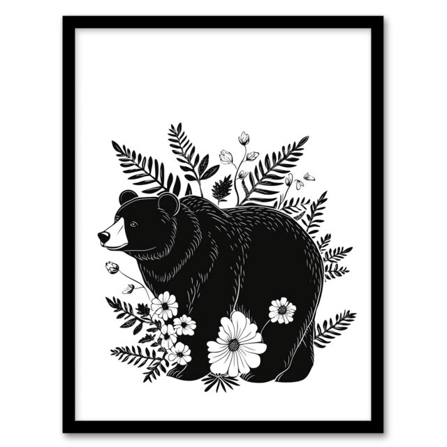 Artery8 Grizzly Bear & Wildflowers Black White Folk Art Framed Art Print - Size: A4 - image 1