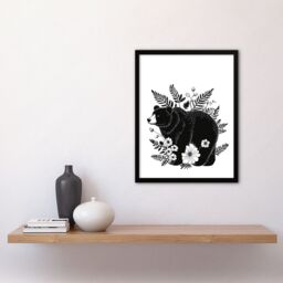 Artery8 Grizzly Bear & Wildflowers Black White Folk Art Framed Art Print - Size: A4 - thumbnail 4