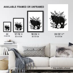 Artery8 Grizzly Bear & Wildflowers Black White Folk Art Framed Art Print - Size: A4 - thumbnail 3