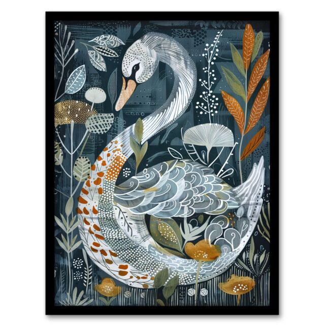 "Artery8 Stylised Nature Pattern Swan Folk Art Painting Framed Art Print in Blue - Size: W12"" x H16""" - image 1