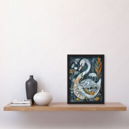 "Artery8 Stylised Nature Pattern Swan Folk Art Painting Framed Art Print in Blue - Size: W12"" x H16""" - thumbnail 4