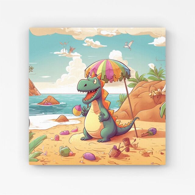 "Warren Reed - Designer Dragon On A Beach Holiday Canvas in Yellow - Size: W30"" x H30""" - image 1