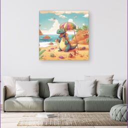 "Warren Reed - Designer Dragon On A Beach Holiday Canvas in Yellow - Size: W30"" x H30""" - thumbnail 4