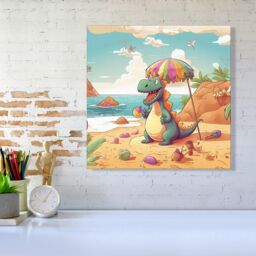 "Warren Reed - Designer Dragon On A Beach Holiday Canvas in Yellow - Size: W30"" x H30""" - thumbnail 2