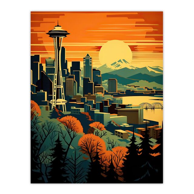 "Artery8 Wall Art Print The Space Needle Seattle Landmark Sunset Cityscape Poster Picture in Orange - Size: W18"" x H24""" - image 1