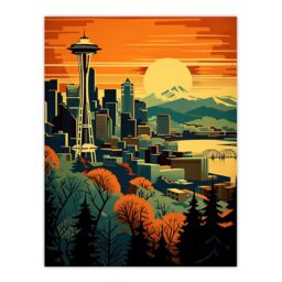 "Artery8 Wall Art Print The Space Needle Seattle Landmark Sunset Cityscape Poster Picture in Orange - Size: W18"" x H24""" - thumbnail 1