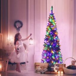 Shatchi Pre-Lit Artificial Slim Christmas Green Pencil Tree Multicolour LEDs Pointed Tips with Metal Stand - Size: 7ft - thumbnail 5
