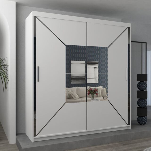 Sliding Wardrobes 4U Double Center Mirror Sliding Door Wardrobe 120cm X 217cm in White - Size: 120 cm X 217 cm - image 1