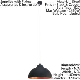 Loops Hanging Ceiling Pendant Light Black & Copper Dome Bowl Shade 1 x 60W E27 Bulb - thumbnail 2