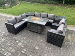 Fimous Rattan Gas Fire Pit Dining Table Sets Heater Lounge Chairs Side Tables 8 Seater in Dark Grey - thumbnail 3