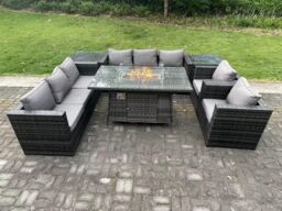 Fimous Rattan Gas Fire Pit Dining Table Sets Heater Lounge Chairs Side Tables 8 Seater in Dark Grey - thumbnail 1