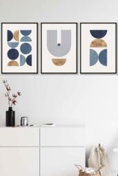 ARTZE Mid Century Geometric in Blue & Gold Framed Wall Art - Medium in Black - Size: W45 cm x H62 cm x D20mm