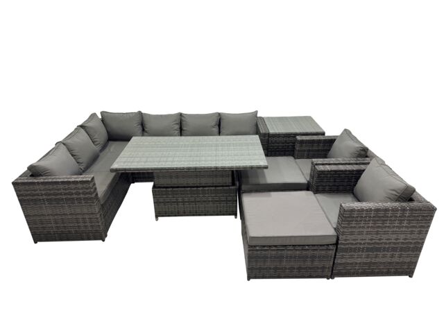 Fimous 10-seater Rattan Garden Furniture Dining Set with 2 Big Stools in Dark Grey - image 1