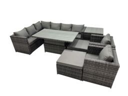 Fimous 10-seater Rattan Garden Furniture Dining Set with 2 Big Stools in Dark Grey - thumbnail 2