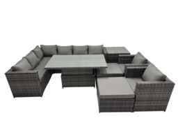Fimous 10-seater Rattan Garden Furniture Dining Set with 2 Big Stools in Dark Grey - thumbnail 1
